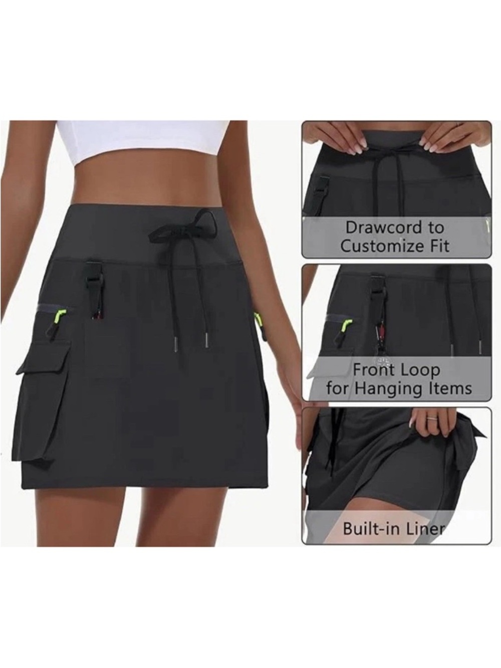 Mivei Women Athletic Skort Size Large Cargo UPF 50 Casual Golf Tennis Black NWT